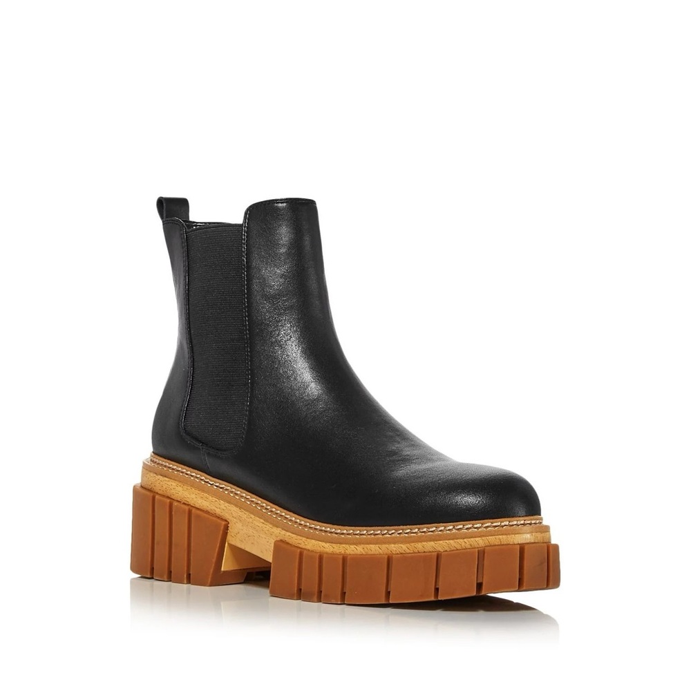 AQUA Casey Black Brown Leather Lug sole round toe chelsea boot pull on size 5.5